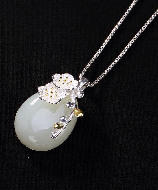 Cyan Sterling Silver Jade Water Drop Cherry Blossoms Pendant Necklace