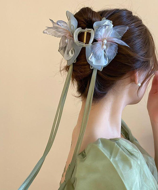 Green Acrylic Fabric Pearl Bow Ribbon Hairpin