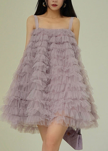 Purple Slash Neck Tulle Mid Spaghetti Strap Dress Sleeveless