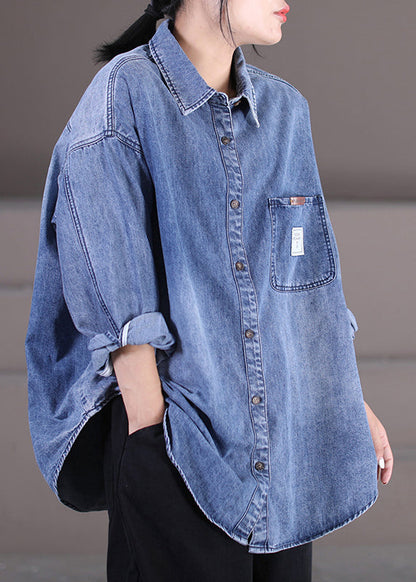 Blue Peter Pan Collar Patchwork Button Denim Shirt Fall