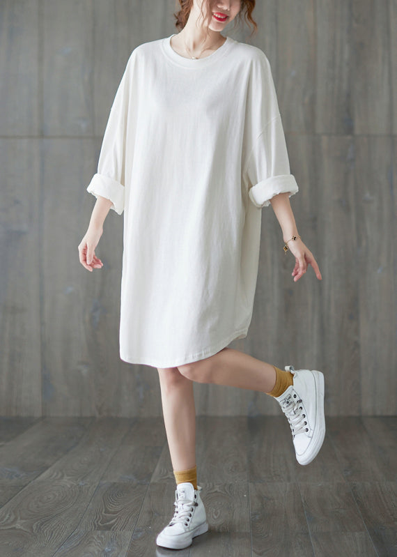 Classy White O-neck Loose a Line Dress Long Sleeve