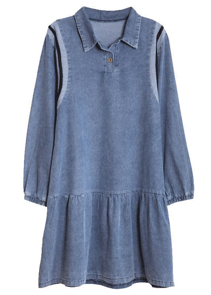 Loose Blue Peter Pan Collar Patchwork Denim Mid Dress Spring