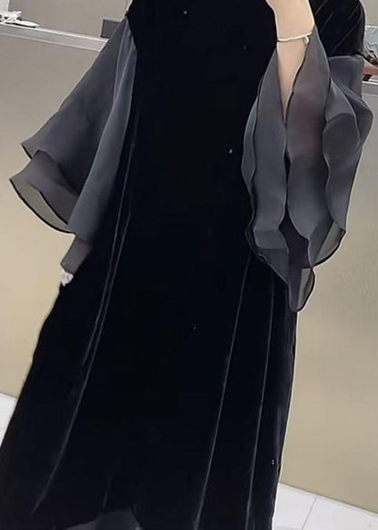 Black O-neck Patchwork Silk Velour Maxi Dress Butterfly Sleeve