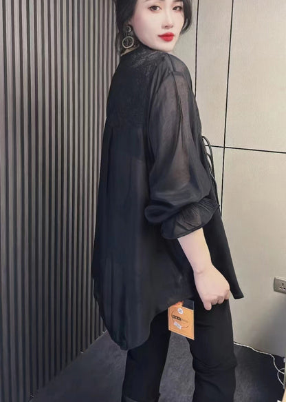 Simple Black V Neck Chiffon Shirts Fall