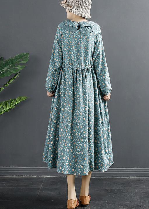 Peter Pan Collar Dresses Tops Blue Print Robe Dresses