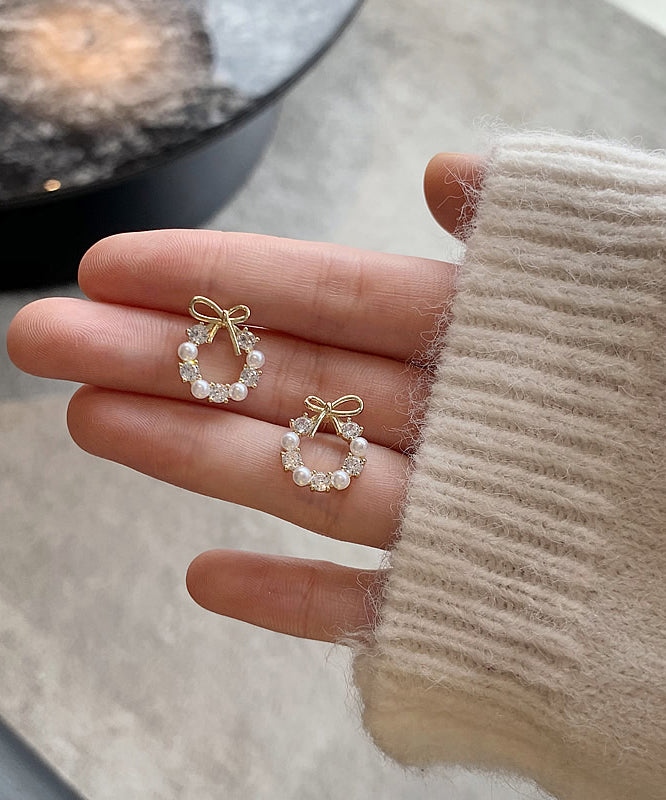 Gold Copper Alloy Pearl Bow Stud Earrings