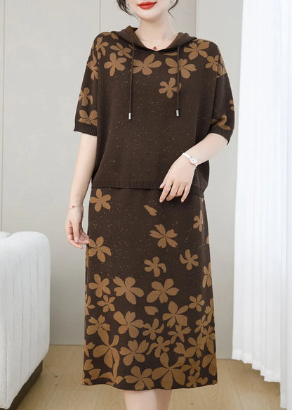 Coffee Jacquard Hooded Patchwork Knit Two Pieces Set Fall