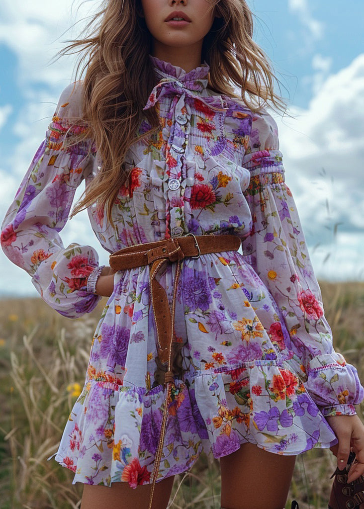 Pastoral Style Ruffled Patchwork Mini Dress Long Sleeved