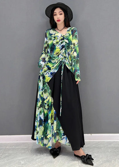 Natural Green V Neck Print Top and Maxi Skirts Two Pieces Set Summer