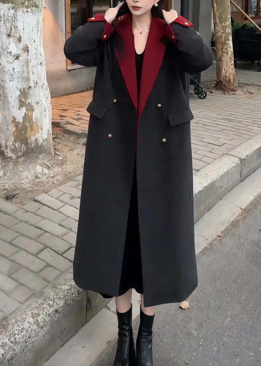 Boutique Black Peter Pan Collar Pockets Woolen Coat Spring