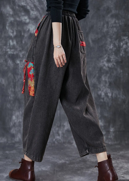 Black Oversized Patchwork Applique Denim Pants Summer