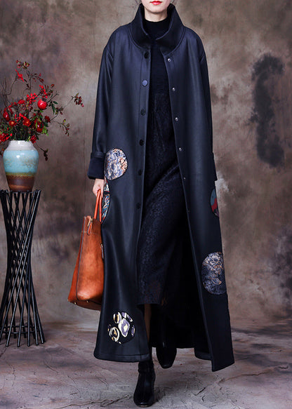 Organic Black Stand Collar Embroideried Button Silk Trench Coats Long Sleeve