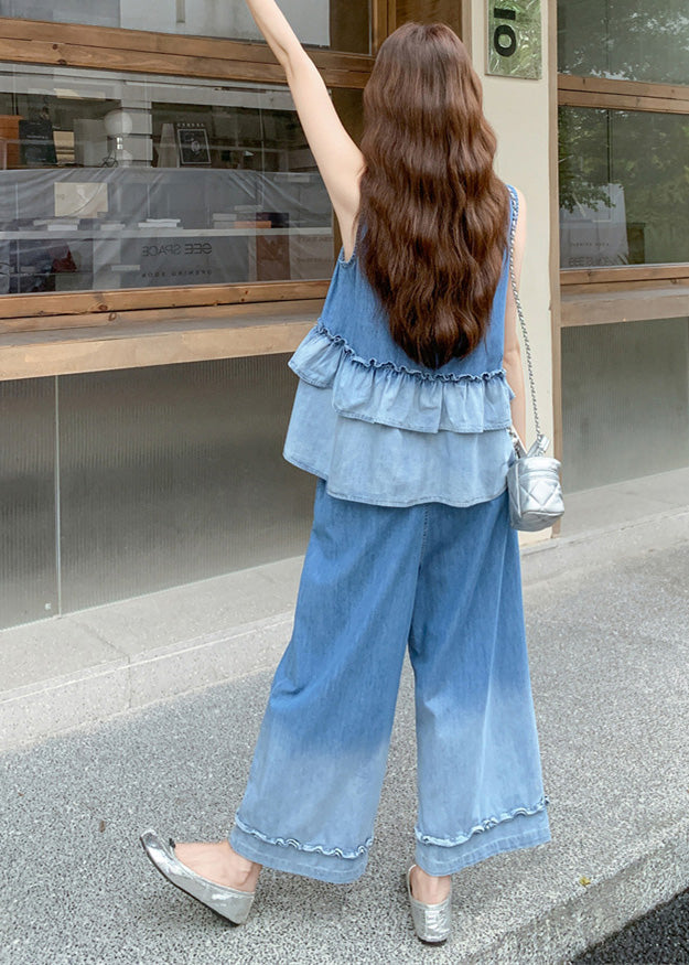 Gradient Color Ruffles Patchwork Denim Two Pieces Set Summer