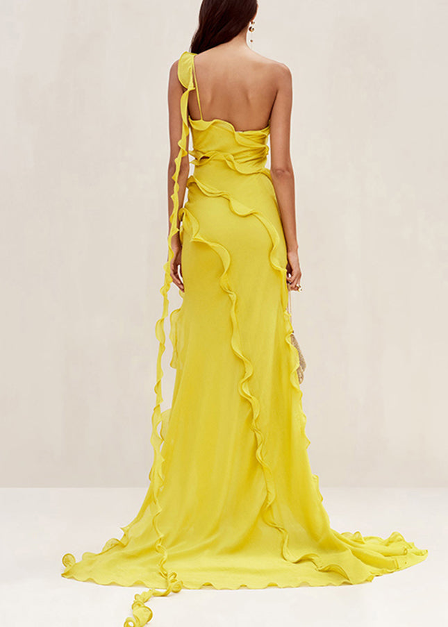 Slim Fit Yellow Asymmetrical Ruffled Hollow Out Chiffon Long Dresses Sleeveless