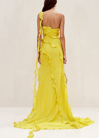 Slim Fit Yellow Asymmetrical Ruffled Hollow Out Chiffon Long Dresses Sleeveless