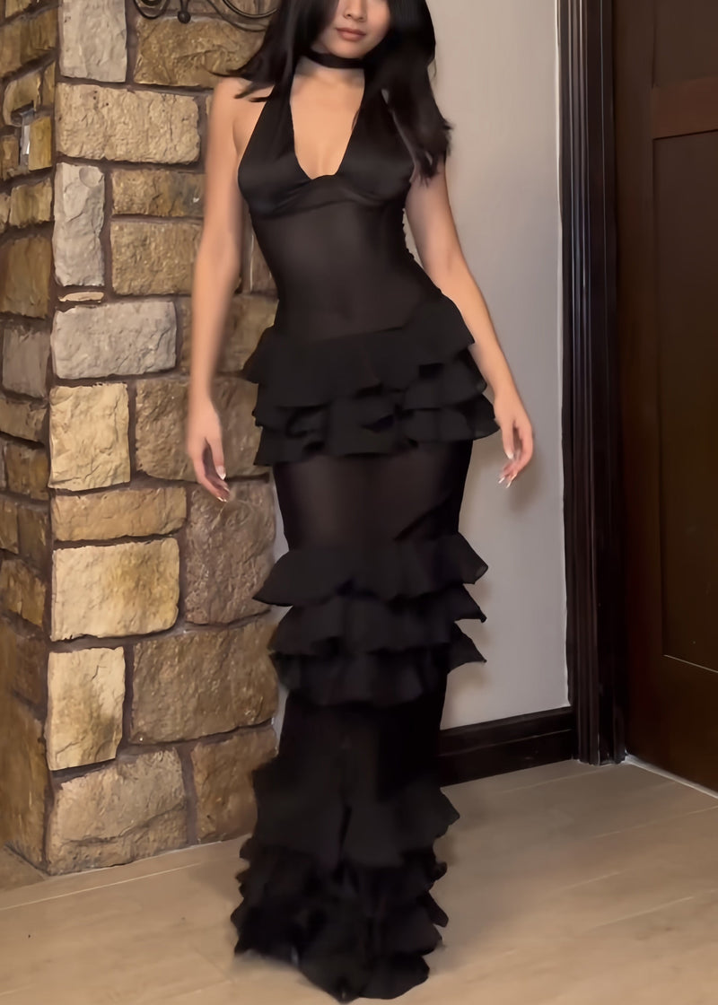 Black V Neck Ruffled Tulle Maxi Dresses Sleeveless
