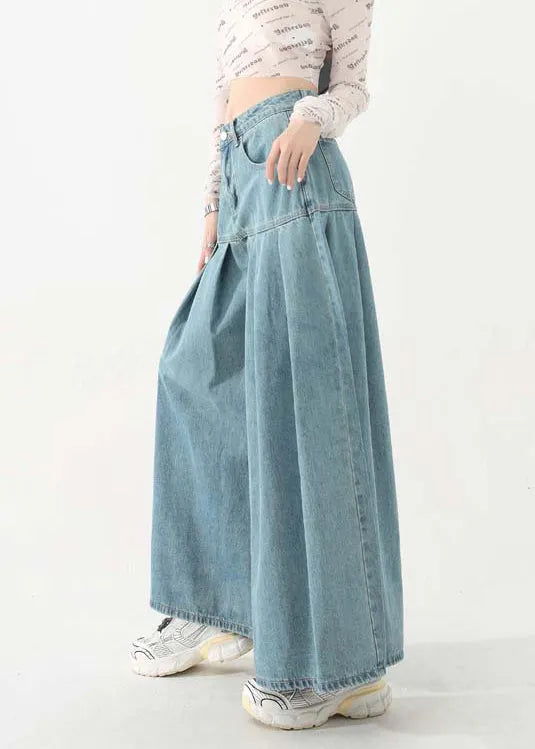 Original Design Blue Pockets Wrinkled Patchwork Denim Pants Skirt Spring