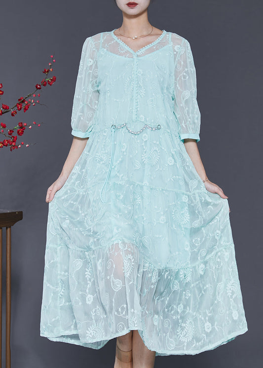 Blue Embroidered Silk Long Dress Half Sleeve