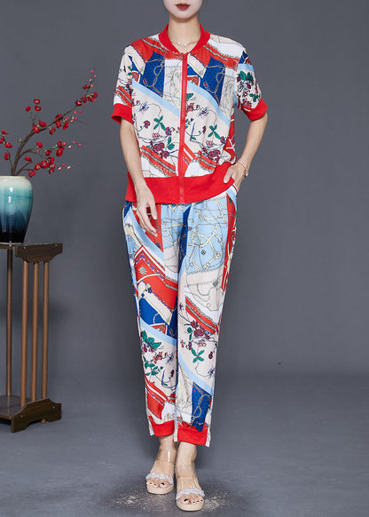 Zip Up Print Spandex Two Pieces Set Fall