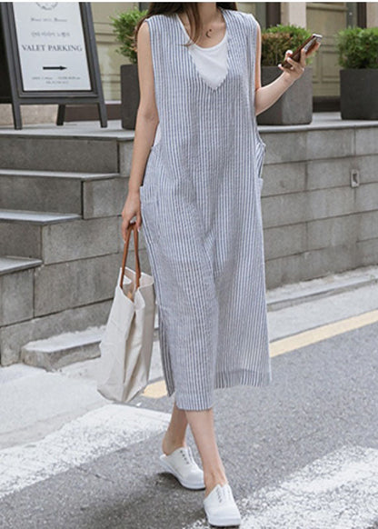Blue V Neck Side Open Striped Cotton Beach Dress Summer