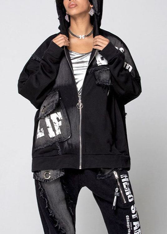 Black Zip Up Pockets Denim Coat Spring