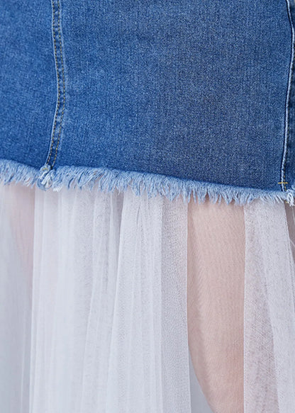 Style Denim Blue Patchwork Tulle Wear on Both Sides Skirt Summer