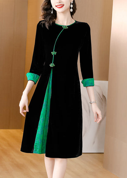 Style Black O-neck Print Patchwork Button Silk Velour Maxi Dresses Fall