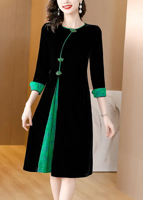 Style Black O-neck Print Patchwork Button Silk Velour Maxi Dresses Fall