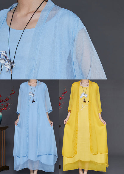 Sky Blue Chiffon Two Piece Set Clothing Embroidered Summer