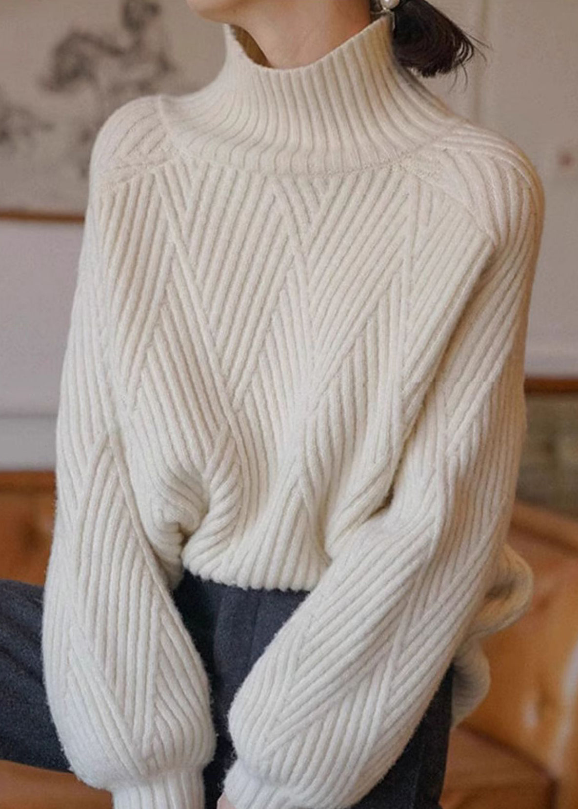 Beige Turtleneck Cozy Patchwork Cotton Knit Sweaters Fall