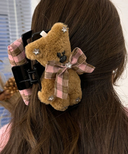 Pink Coffee Plaid Little Bear Zircon Bow Shark Hairpin