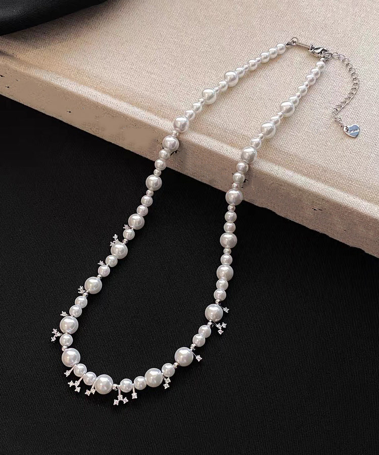 White Alloy Zircon Pearl Beading Gratuated Bead Necklace
