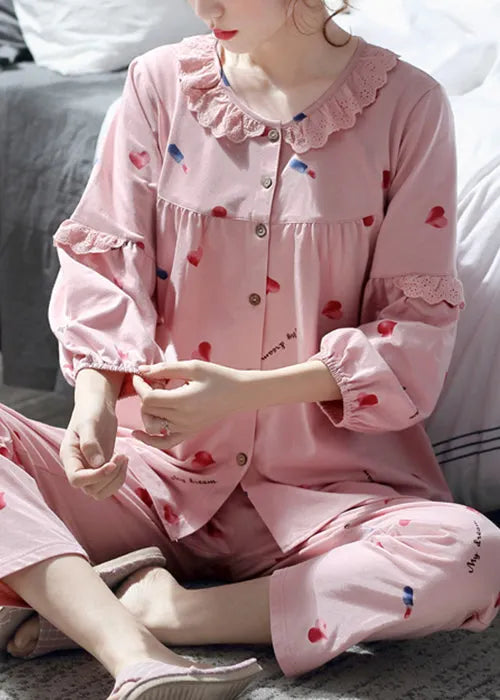 Art Pink Lace Print Button Cotton Pajamas Two Pieces Set Fall