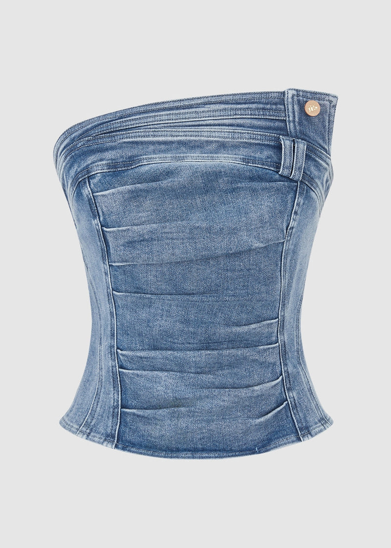Blue Patchwork Cold Shoulder Denim Top Sleeveless
