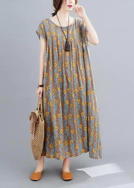 Coffee Print Long Dress Short Sleeve