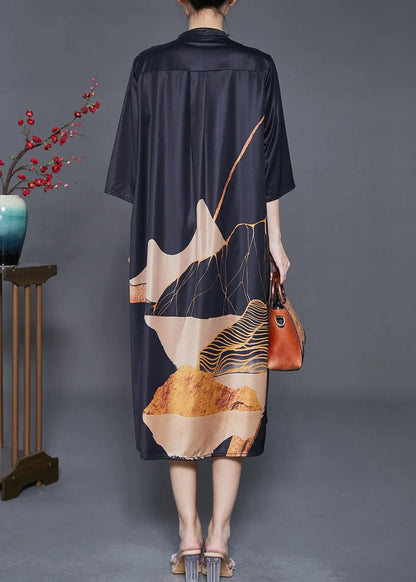 Black Print Wrinkled Silk Shirt Dress Summer