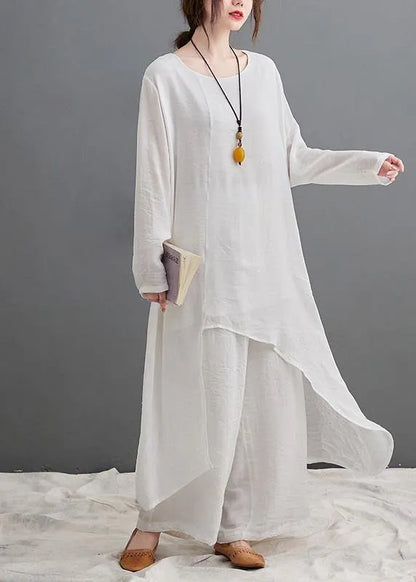Large Size Loose Art Long White Top Wide Leg Pants Two Piece Suit for