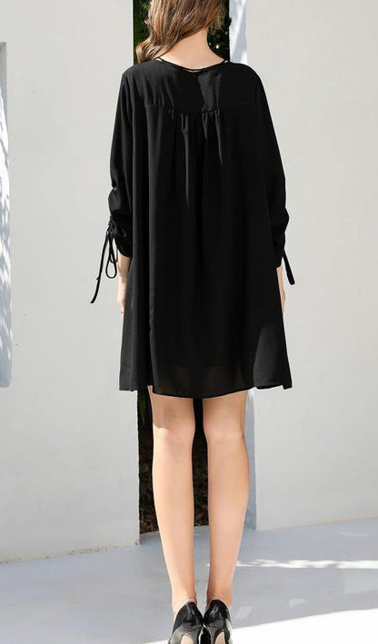 Organic Black Cinched Chiffon O-neck Hollow Out Summer Party Dress