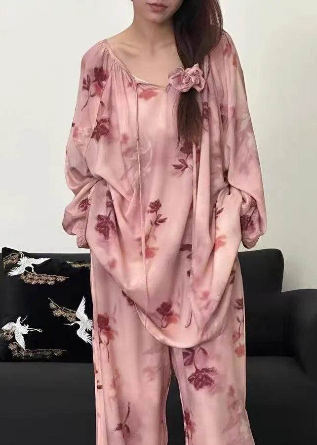 Loose Pink Print Lace Up Cotton Pajamas Two Piece Set Fall