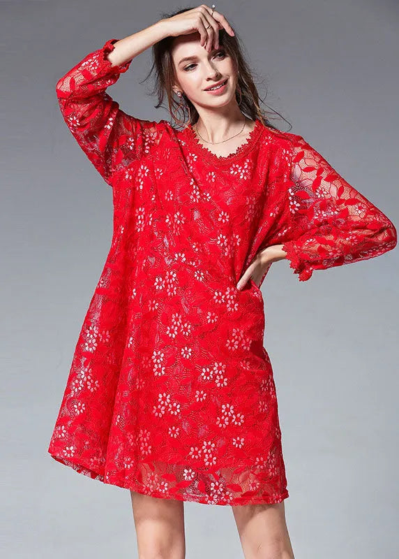 Handmade Red Patchwork O-neck Fall Lace Dress