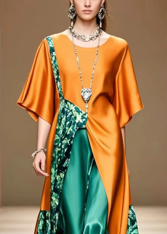 Unique Caramel Asymmetrical Patchwork Silk Long Dress Summer