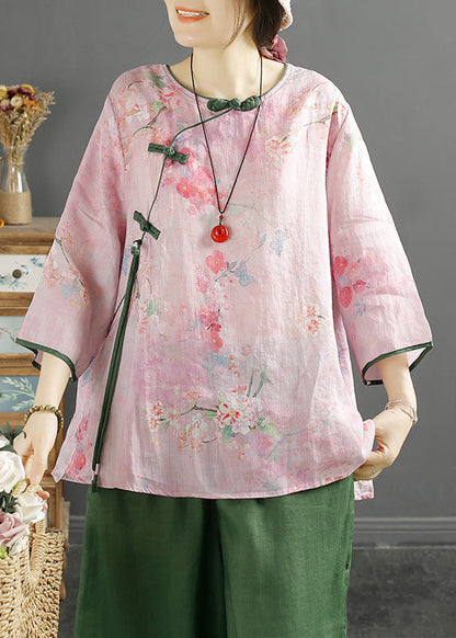Green Tasseled Print Linen Shirt Spring