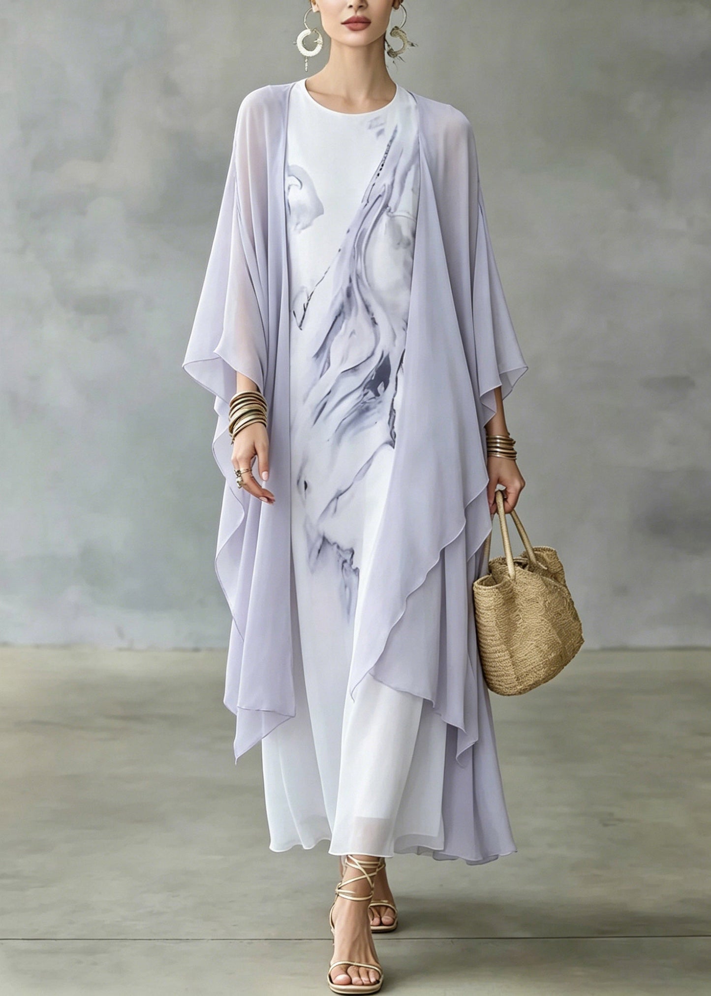 Handmade Tie Dye Fake Two-piece Chiffon Maxi Dresses Fall