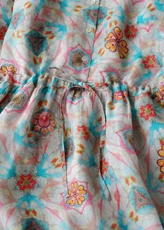 Modern Peter Pan Collar Drawstring Button Print Linen Dress Three Quarter Sleeve