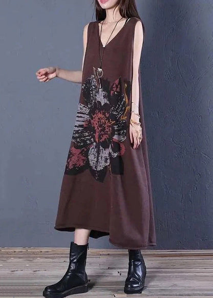 Coffee V Neck Print Cotton Knit Long Dress Sleeveless