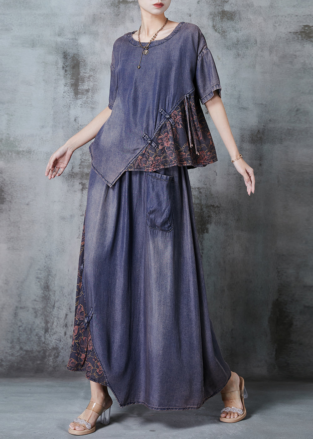 Diy Blue Asymmetrical Patchwork Chinese Button Denim Two Piece Suit Set Summer