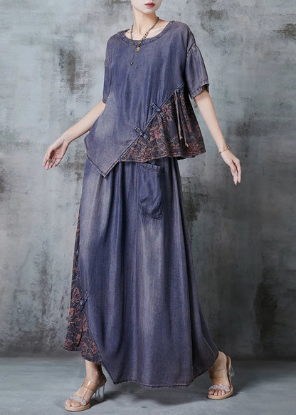 Diy Blue Asymmetrical Patchwork Chinese Button Denim Two Piece Suit Set Summer