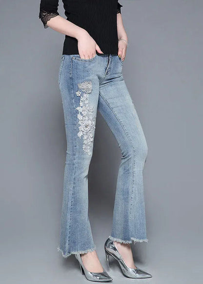 Light Blue High Waist Nail Bead Applique Cotton Denim Flare Pants Summer