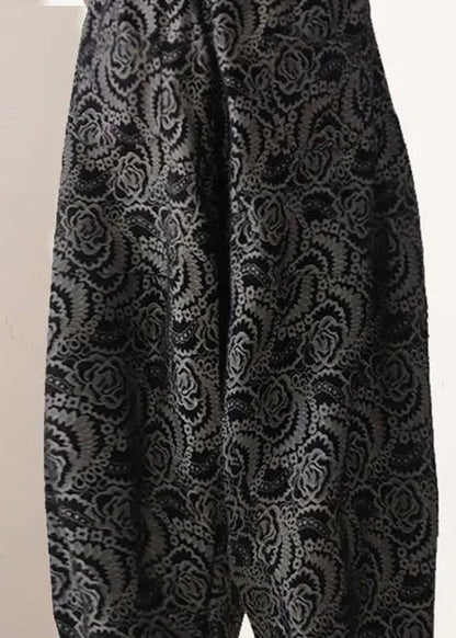 Black Print Elastic Waist Lantern Pants Spring