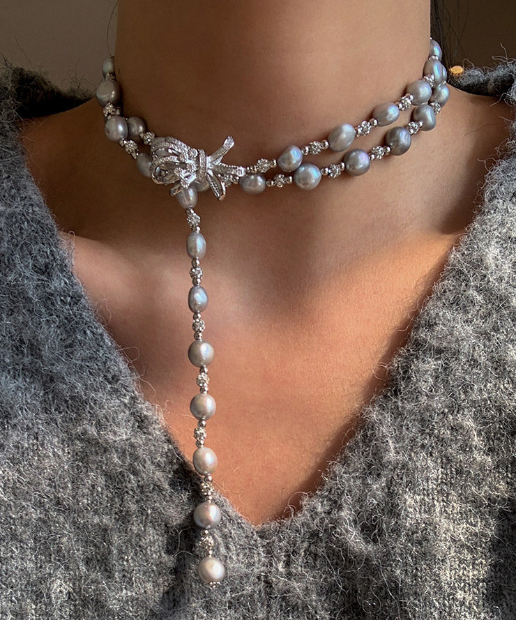 Grey Bow Multi-layer Pearl Necklace